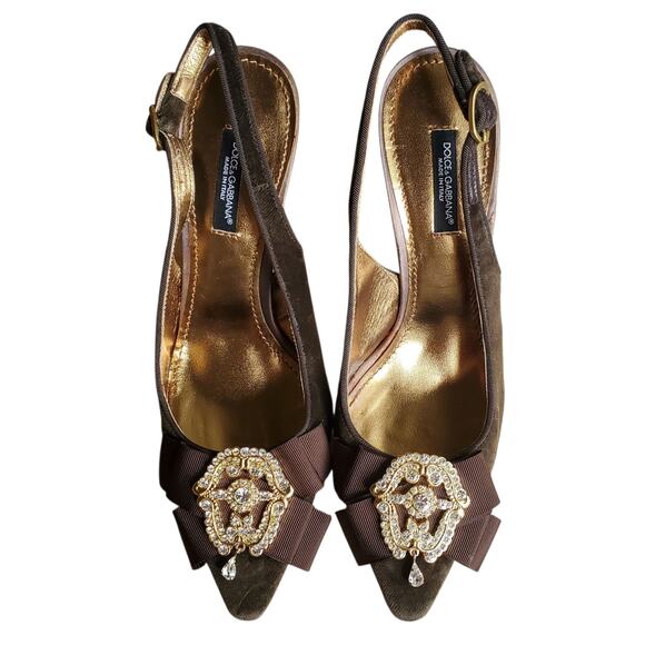 Dolce & Gabanna Brown Velvet Jeweled Embellished Slingback Kitten Heels - 36 EU - Picture 6 of 8